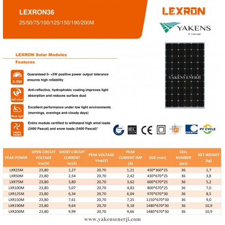 Lexron 200 Watt 12V Monokristal Güneş Paneli